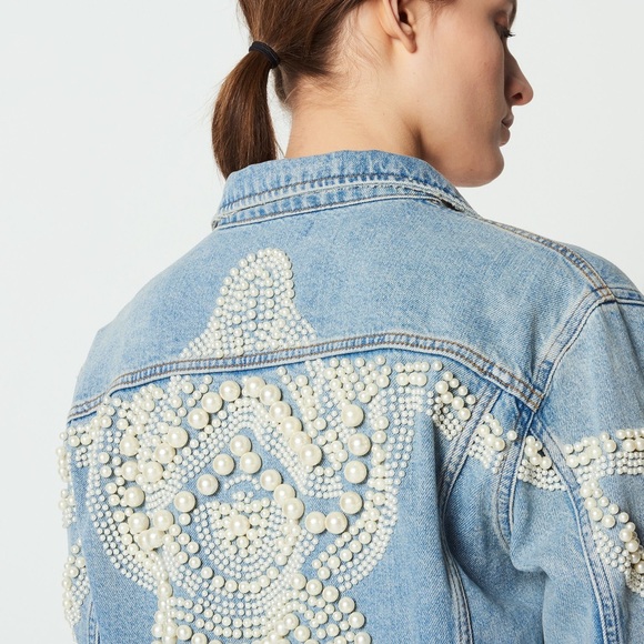 Sandro Blue Denim Jacket with Pearl Accents - Picture 3 of 8